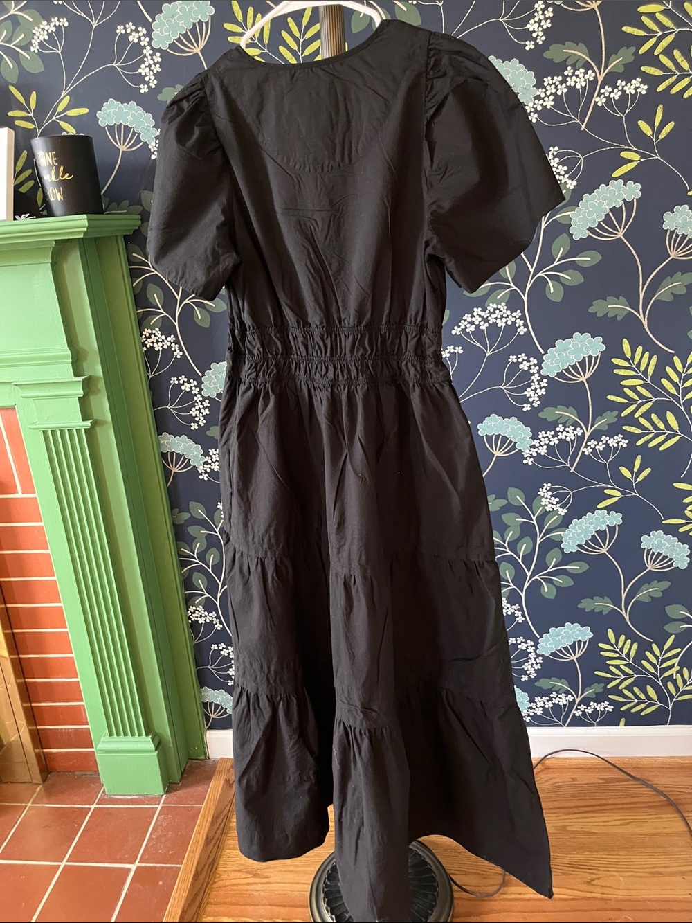 Anthropologie Black Tiered Midi Dress Smocked Waist Puff Sleeve Petite MP - Picture 6 of 6